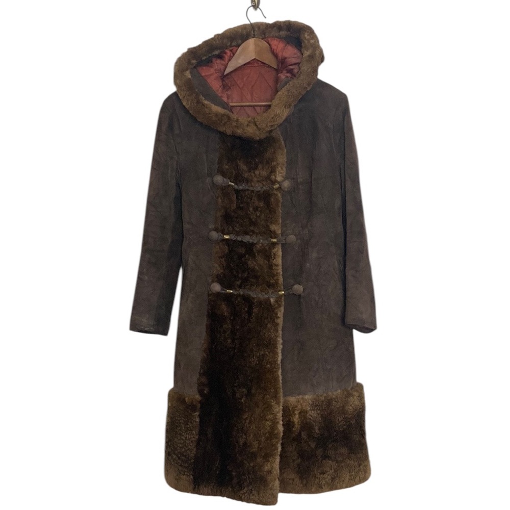 Vintage Suede Coat Womens Small Brown Faux Fur Hooded Faux Fur Maxi Disco